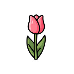 A cartoon illustration of a single pink tulip with green stem and leaves against a black backdrop