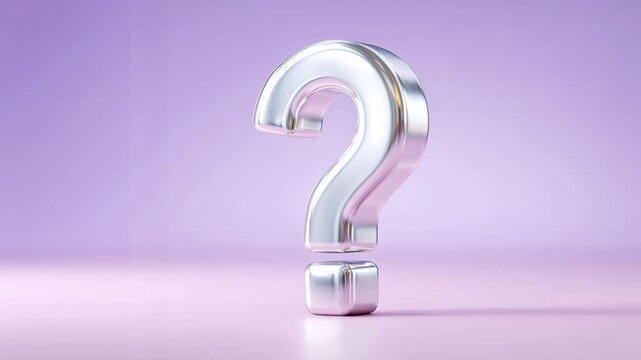 Silver metallic question mark standing on smooth lilac surface with soft studio lighting and copy space on the left. Concept of faq and information search