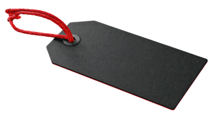 A simple, black rectangular tag with a red string loop. Black and red contrast