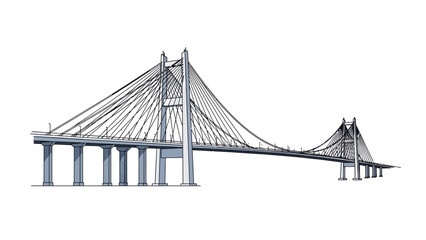 Architectural illustration of modern suspension bridge on white background