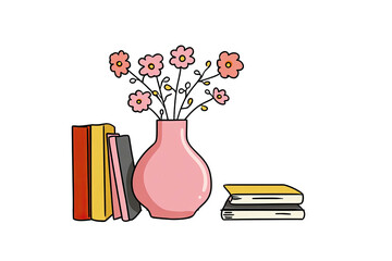 Still life featuring stacked books, a pink vase, and floating floral arrangement