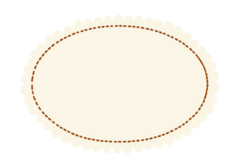 An oval-shaped label or tag, surrounded by a scalloped edge and dotted brown inner border, isolated on black