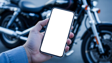 Person Holding Smartphone with Blank Screen in Front of Motorcycle