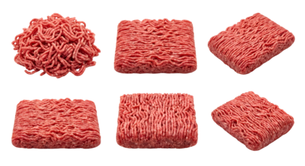 High-quality studio shot of fresh raw red ground beef (minced meat) in various forms, including rectangular blocks and a loose pile, essential for culinary concepts, isolated on transparent background