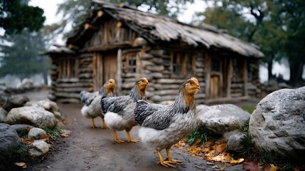 Three speckled gray and white farm chickens walk along a muddy path toward a rustic wooden log cabin structure in the countryside.