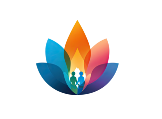 A vibrant, abstract floral design with two stylized figures in the core