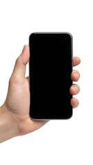 Hand holding smartphone isolated on transparent background