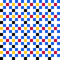 Colorful checkerboard pattern, alternating squares in festive vivid colors, abstract seamless vector background, joyful and cheerful bright print in primary colors blue red yellow