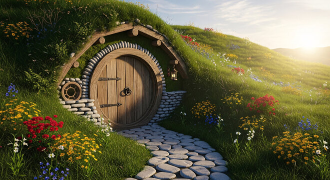 Fantasy-style hobbit door built into a flower-covered hillside with a stone path, wildflowers, and golden hour sunlight creating a magical atmosphere.
