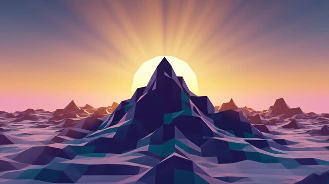 Stunning Low Poly Mountain Landscape with Sunset and Rays of Light.
