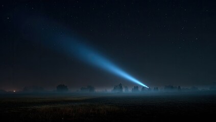 Illuminated beam of light cutting through a hazy, dark night sky over a field