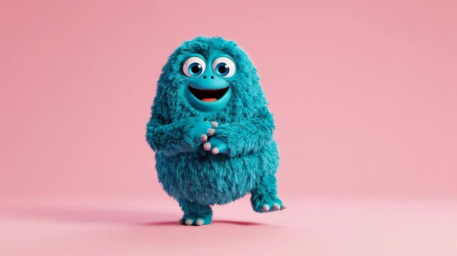 A blue fluffy monster with open arms, then hands together, finally turning as a cute animation character for child
