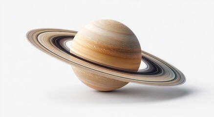 Orbital body, creamy-colored with prominent ring system, floating against a clean white background