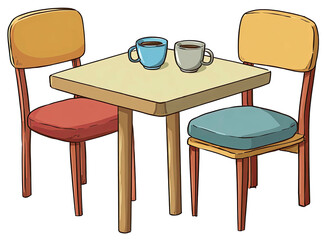 Cartoon illustration featuring a small square table and two chairs, coffee cups present