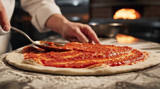 A cook preparing a traditional Italian pizza by spreading marinara sauce on fresh dough using a spoon on a floury table in a pizzeria kitchen