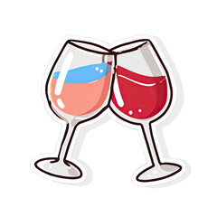 Cartoon depiction of two overlapping stemmed glasses, one with red liquid, the other with pink and blue