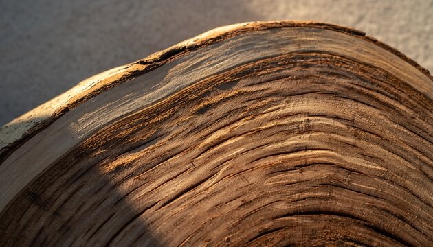 Extreme close-up macro shot of a freshly cut tree log cross-section revealing intricate, wavy growth rings and rich wood grain texture illuminated by warm side lighting.