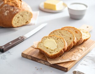 Naklejka premium Delicious freshly baked homemade country bread, perfectly sliced with creamy butter on a rustic wooden board, ready for a wholesome breakfast