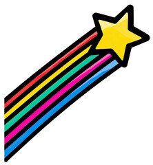 A stylized shooting star, featuring a yellow starhead and a multi-colored trail against a black background