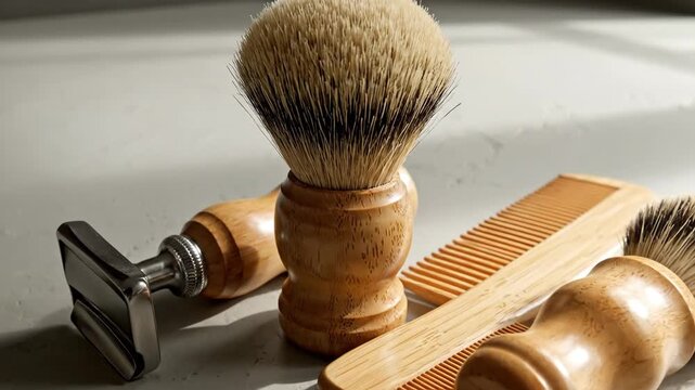 Close-up of shaving tools on a gray surface, grooming essentials.