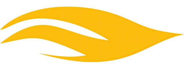 A stylized abstract flame design, with layered curves of yellow against a black background