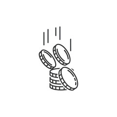 Fototapeta premium Coins falling onto a stack of currency, illustrating financial transactions and wealth accumulation
