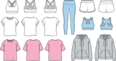 Activewear apparel vector set, sports bra tees leggings shorts and hoodies, front and back flat fashion technical sketches for athleisure design