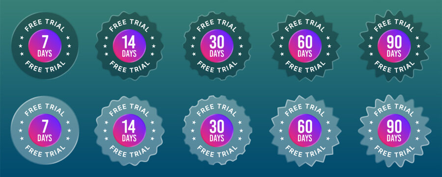 Free with trial badges set liquid glass vector. Demo test. Free offer