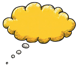 A stylized yellow thought bubble with scribble outlines against a black background