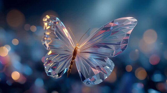 A crystal (glass) butterfly with polygonal edges floats against a soft bokeh background in pastel purple, pink, and blue tones.	