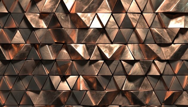 Abstract background texture featuring a seamless pattern of three-dimensional geometric triangles with a rich, textured, and reflective copper or bronze metallic finish, creating depth and shadow.