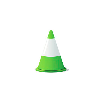 Isolated cartoon illustration of a traffic cone with green and white coloration, placed on black backdrop