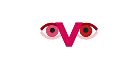 Graphic design of two eyes and a "V" in dark pink on a black background, artistic and striking