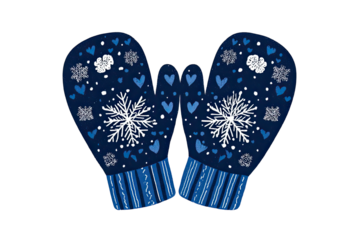 Pair of cozy, dark blue winter mittens with snowflake and heart patterns, on black background