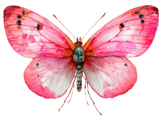 A vibrant watercolor painting of a butterfly with bright pink wings and delicate details