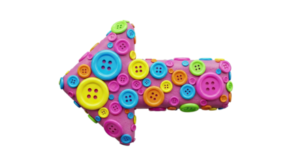 Arrow shape made of colorful buttons on pink background