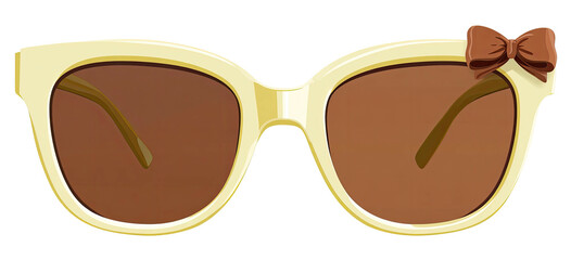 Fashionable, cream-colored sunglasses with brown lenses, arms, and a decorative brown bow