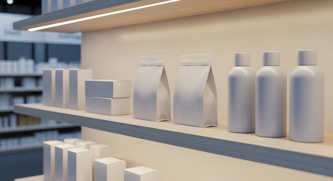 Retail product display mockup featuring blank packaging on modern store shelves. Suitable for retail branding, product presentation, and merchandising visualization.