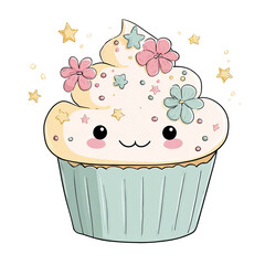 Adorable cartoon cupcake with cream frosting, flowers, stars, and a cute face