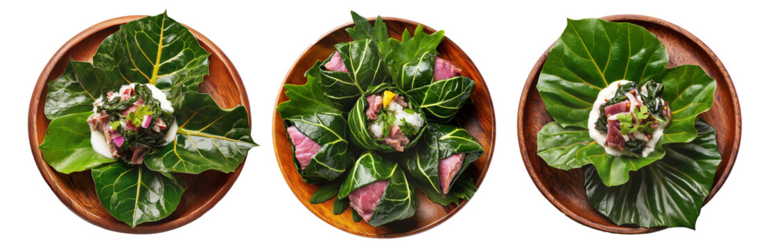 Lu Pulu corned beef cooked in coconut milk in taro leaves in wooden bowl, isolated on white background, concept of Polynesian food
