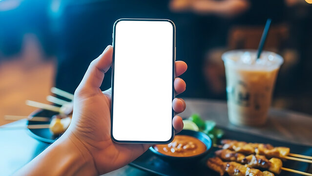 Person Holding Smartphone with Blank Screen at Table with Food and Drink
