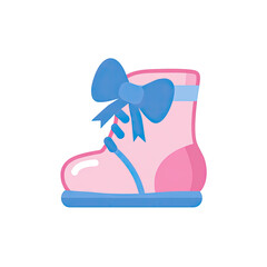 A charming cartoon baby boot, rendered in soft pink and blue hues, with a delicate bow
