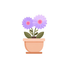 Fototapeta premium A cartoon-style illustration of two purple flowers in a terracotta pot