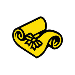 A stylized golden scroll with a decorative bow, set against a stark black background