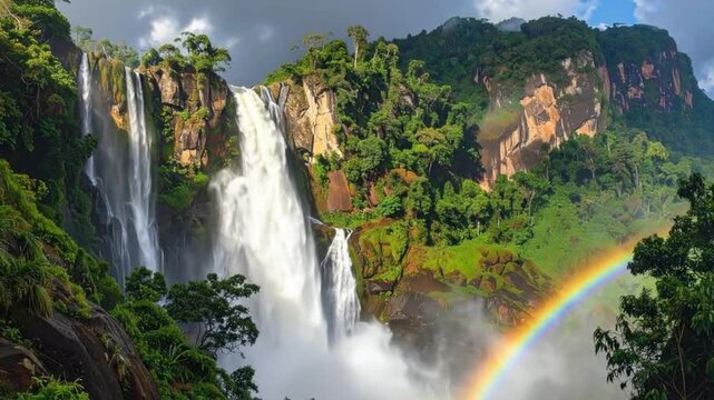 Majestic waterfall cascading down y cliffs amidst lush greenery, with a vibrant rainbow.