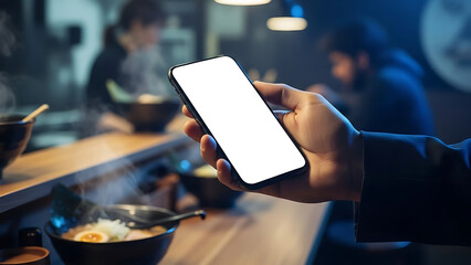 Person Holding Smartphone with Blank Screen at Noodle Bar