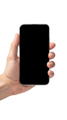 Hand holding smartphone isolated on transparent background