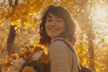 Happy Smiling Young Woman Holding a Bouquet of Autumn Flowers in a Sunny Park with Yellow Leaves