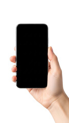 Hand holding smartphone isolated on transparent background