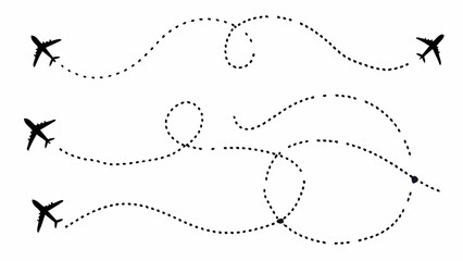 A vector graphic illustration of airplanes flying in different directions with dotted lines